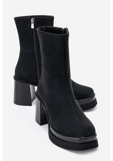 Valen Siyah Nubuk Kadın Platform Topuklu Bot Siyah Nubuk