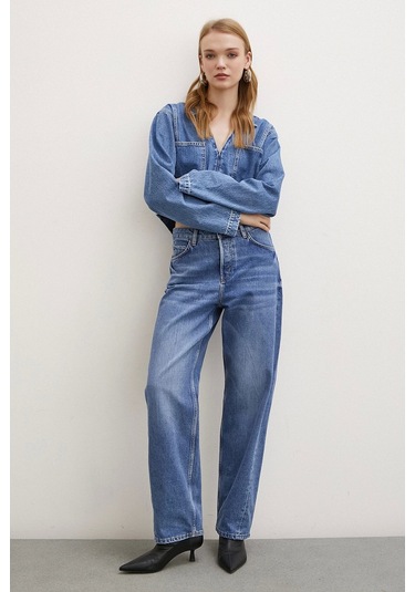 Never More Yüksek Bel Düğme Kapamalı Mom Jean Mavi Mavi