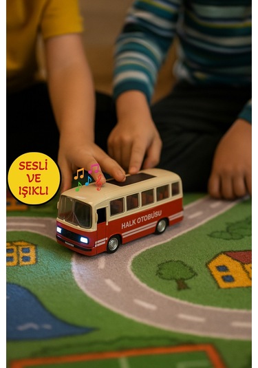 Nostaljik Halk Otobüsü 11 Cm Pilli Sesli Işıklı Kapısı Açılır Yumuşak Tekerlekli - Kırmızı