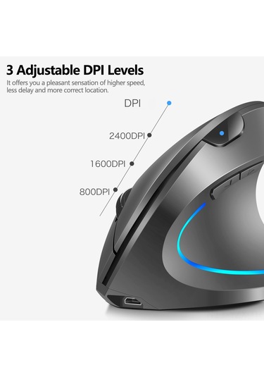 Yaozixa Dikey Ergonomik Kablosuz Fare - 2.4g+bt5.1, 3 Seviye Dpı 800-2400 , Şarj Edilebilir, Rgb Işıltı, Gri