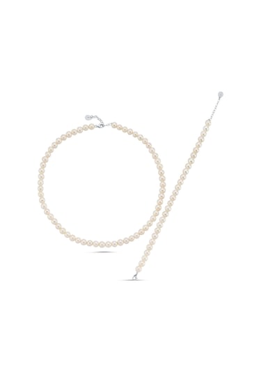 7,5 Mm Sıralı Doğal İnci Kolye Bileklik İkili Set 75 Cm