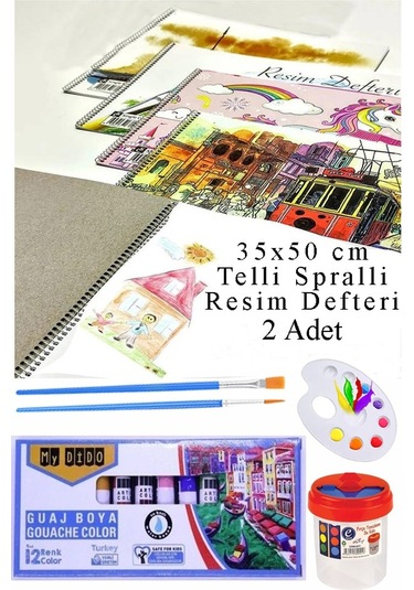 12 Renk Guaj Boya Mydido 35x50 Cm Telli Spralli Resim Defteri Palet Resim Fırçası 15 Yaprak Guajboya Resim Defteri Çok Renkli
