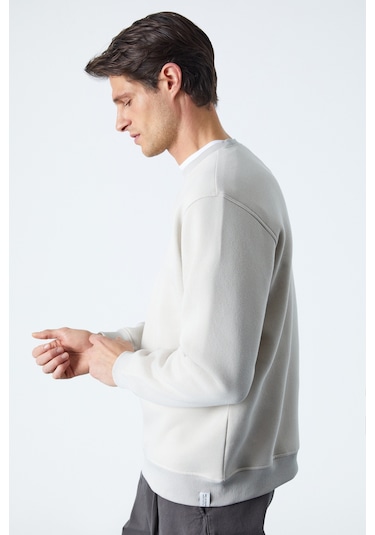 Grımelange Travıs Erkek Organik Kumaşlı Yumuşacık Regular Fit Yuvarlak Yakalı Ekru Sweatshirt Ekru