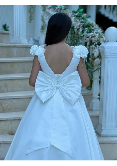 Prenses Çiçek Detaylı Tarlatanlı Beyaz Abiye Elbise Beyaz