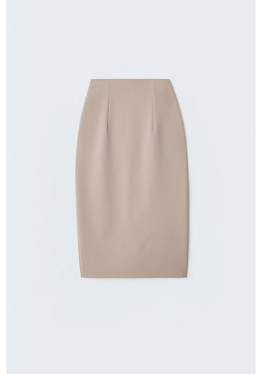 Sateen Düz Kalem Etek - Koyu Bej-137399