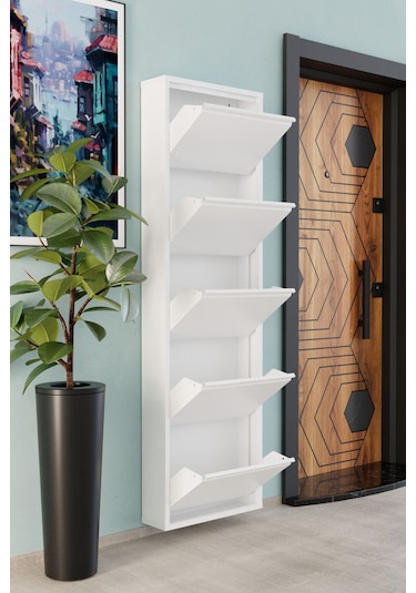 5 Kapaklı Metal Ayakkabılık Beyaz Beyaz