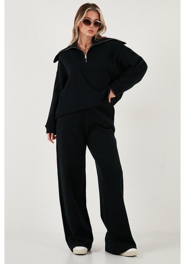 Lela Pamuklu Oversize Fit Yarım Fermuarlı Yaka Uzun Kollu Triko Bayan Takım 68351218 Siyah Lela Pamuklu Oversize Fit Yarım Fermuarlı Yaka Uzun Kollu Triko Bayan Takım 68351218 Siyah