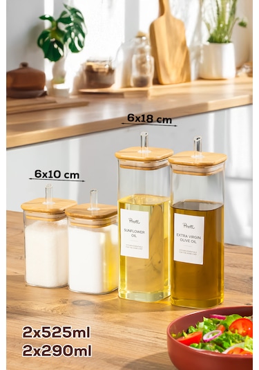 Perotti Cubes Borosilikat 4 Lü Pratik Mutfak Seti Bambu Kapak-yağlık Sosluk Sirkelik Şekerlik Şeffaf