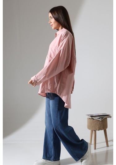 Yeni Sezon Poplin Kumaş Çift Cepli Oversize Pamuklu Kadın Tunik Gömlek Açık Pembe