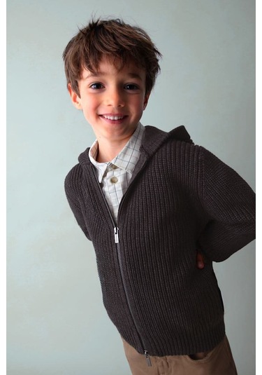 Erkek Çocuk Kapüşonlu Fermuarlı Triko Hırka - Antrasit KREM