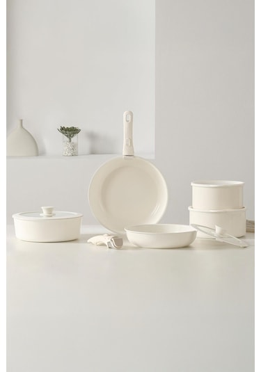 Cookpro Beige 15 Parça Ayrılabilen Saplı Iç Içe Geçebilen Indüksiyonlu Seramik Kaplama Tencere Seti Beıge Bej