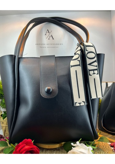 Kontrast Biye Detaylı Modern Dikey Tote Çanta Love Askılı Siyah