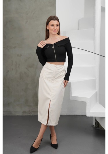 Yırtmaçlı Uzun Deri Etek Krem Krem