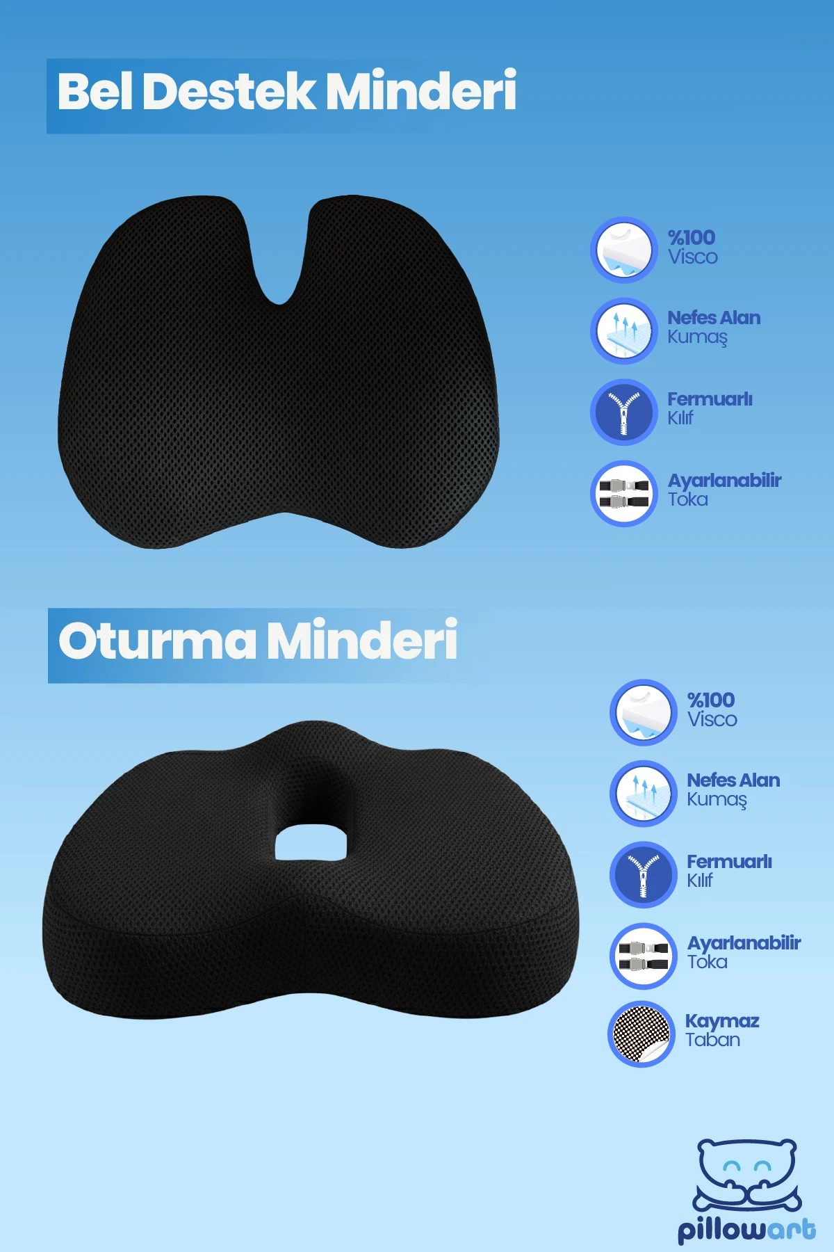 Ofis Koltuk Sandalye Bel Destek Minderi Ve Visco Oturma Minderi Siyah