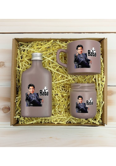 Bk Gift Kişiye Özel Dtf The Baba Karikatürlü Mat Gri Kahve Fincanı + Kolonya + Mum Seti 1