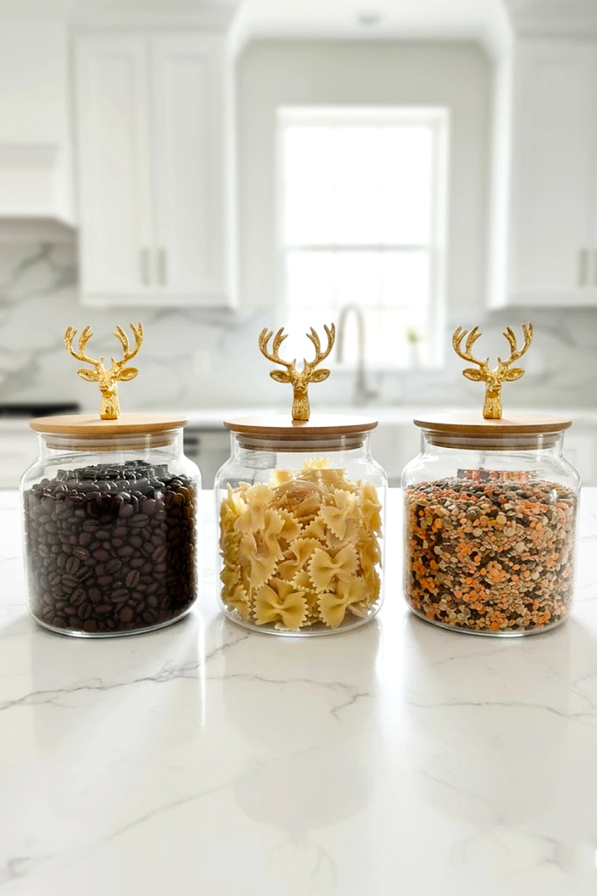 3 Lü Bambu Kapaklı Metal Geyik Figürlü Cam Kavanoz Seti - Saklama Kabı 635cc Şeffaf