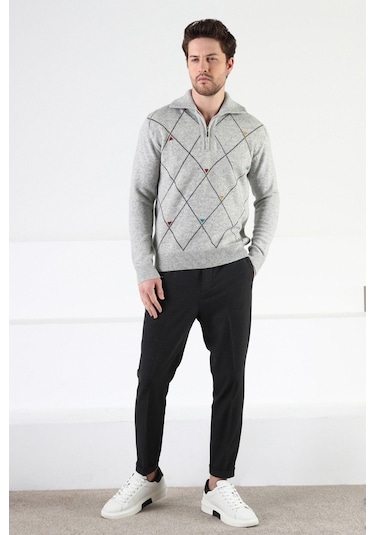 Ferraro A.Gri Fermuarlı Dik Yaka %100 Kuzu Yünü Erkek Kazak Açık Gri (536161083) Açık Gri