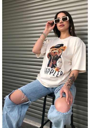 Modagen Kadın Happier Oversize Baskılı Bej T-shirt Hp Bej