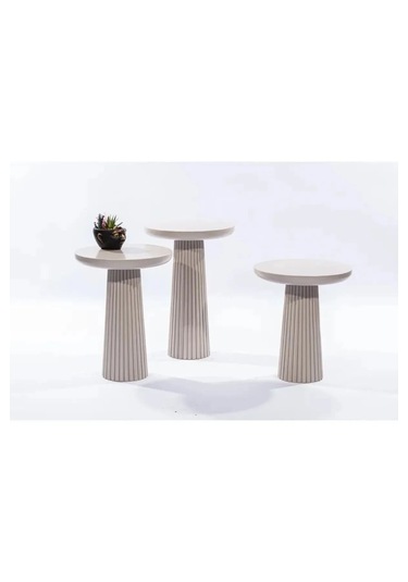 Wood Wooden 3 Lü Set Fitilli Mantar Yan Sehpa Modern Beyaz Renk F