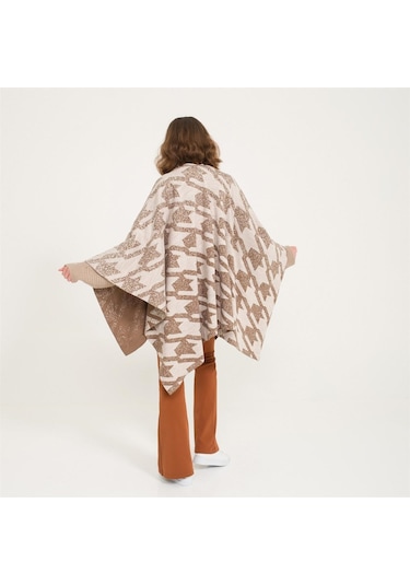 Kaz Ayağı Desen Çift Taraflı Triko Kadın Şal Panço-Kahverengi-140X140 Kahverengi