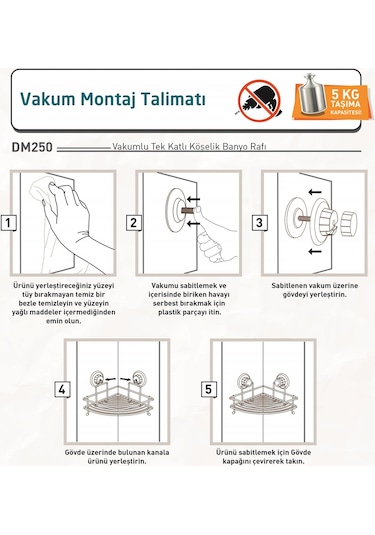 Teknotel Vakumlu Tek Katlı Banyo Köşe Rafı Mat Siyah Dm250 Siyah