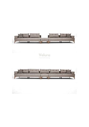 Zeri 3+3+3 Yataklı Puzzle Modüler U Köşe Koltuk Takımı & Puflu Köşe Takımı - Latte 144 Kahve - Krem