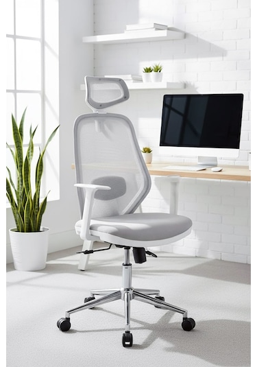Ofisbazaar Dali Beyaz Fileli Yönetici Koltuğu Ergonomik Başlıklı Ofis Koltuğu Gri Gri