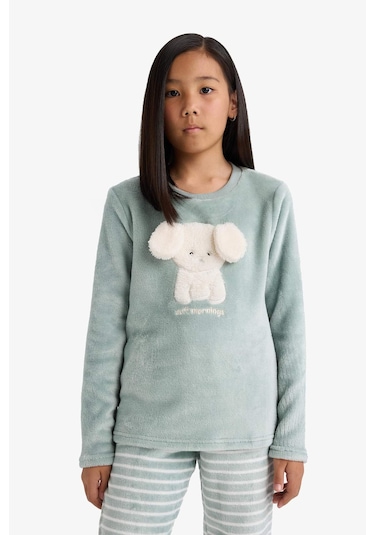 Defacto Kız Çocuk Pijama Takımı Polar Uzun Kollu Üst Uzun Alt D1087a825wngn1123 Yeşil