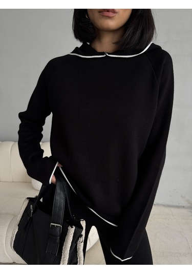 Kadın Kapüşonlu Çizgi Detaylı Triko Alt-üst Takım Siyah