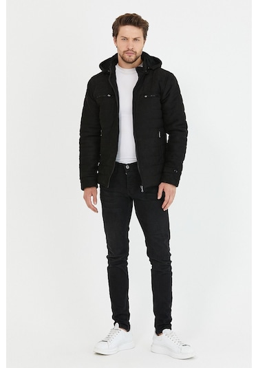 Erkek Siyah Dar Kesim Kapüşonlu Süet Mont Siyah