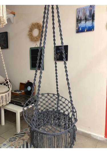Aslanbutik Makrome Özel Örgü Burgu Halatlı Gri Salıncak Hamak Gri