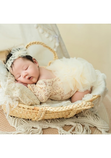 Doğan Kız Fotoğraf Çekim Kıyafetleri Dantel Doğumlu Fotoğraf Kıyafetleri Bebek Zarif - Bej Bej