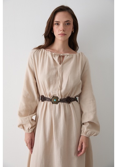 Natural Bağlama Detaylı Müslin Elbise - 2004 Natural