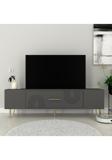 Valeria Tv Sehpası Tv Ünitesi 150 Cm Antrasit Altın