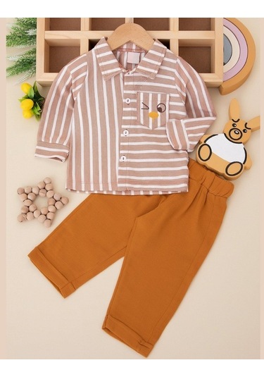 Nazar Çizgili Gömlek Dokuma Kumaş Erkek Bebek Takım 001