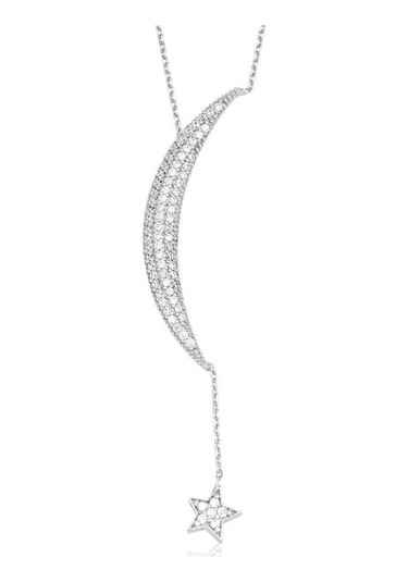 Gümüş Zincirli Ay Yıldız Kadın Kolye Beyaz