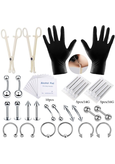 Dolıty 42 Parça Profesyonel Piercing Seti Gümüş-1.2x10+3 Çok Renkli