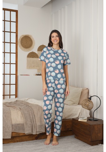 Kadın Yazlık Kısa Kol Penye Süprem Kumaş Pijama Takımı Mavi Turuncu