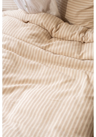 Vivamaison Çizgili Keten Tek Kişilik Nevresim + Yastık Sütlü Kahverengi