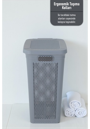 İronika Slim Kapaklı Dekoratif Kirli Çamaşır Sepeti 45 Litre - Gri Gri