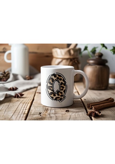 Q Baş Harf Leopar Desenli Kupa Bardak - Kişiye Özel Feminen Konsept Hediye - Vahşi Hayvan Desenli Beyaz