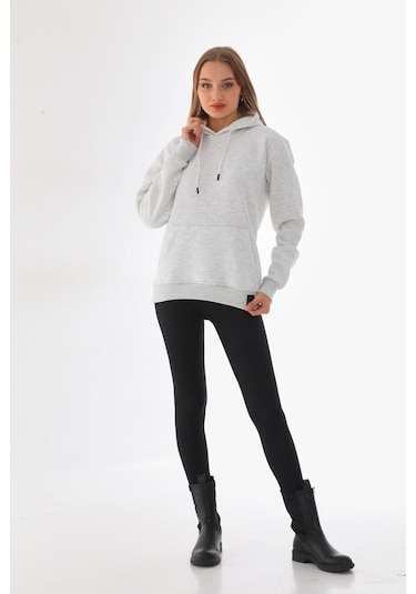 Everest Everst Kapüşonlu 3 İplik Şardonlu Cepli Sweatshirt Karmelanj Kar Melanj