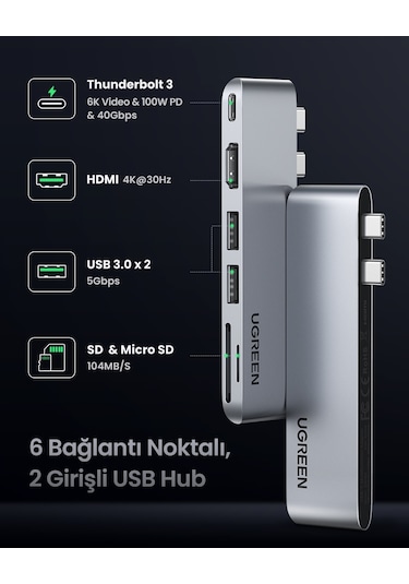 Ugreen 6'sı 1 Arada 2 Usb 3.0 100w 6k Pd Port Çoklayıcı Hub, 80856