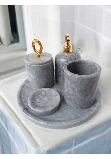 Gri Mermer Klasik Model 5 Parça Gold Renk Halka Aksesuarlı Banyo Seti Gri