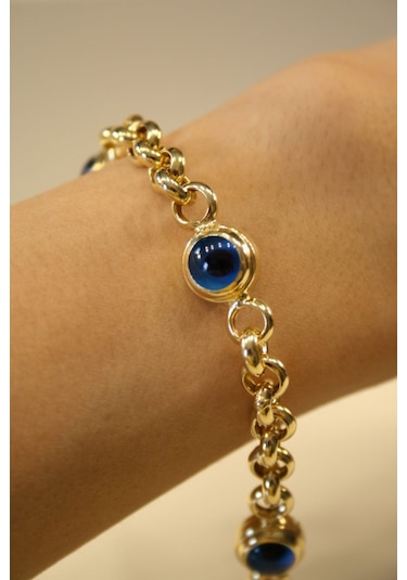 Yenigün Kuyumculuk 14 Ayar Altın Üç Nazar Boncuklu Kalın Zincirli Bileklik Tyc00350679981 Sarı Altın