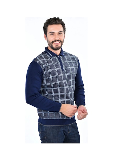 Kamalı Yakalı Baba Kazak Çizgili Baba Kazak Baba Triko Yakalı Erkek Kazak Polo Yaka Lacivert