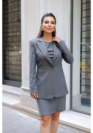 Çizgili Poliviskon Elbise-ceket Takım Gri Gri