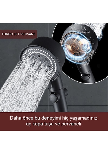 Kustar 5 Fonksiyonlu Turbo Jet Pervaneli Duş Başlığı Aç-kapa Butonlu Siyah