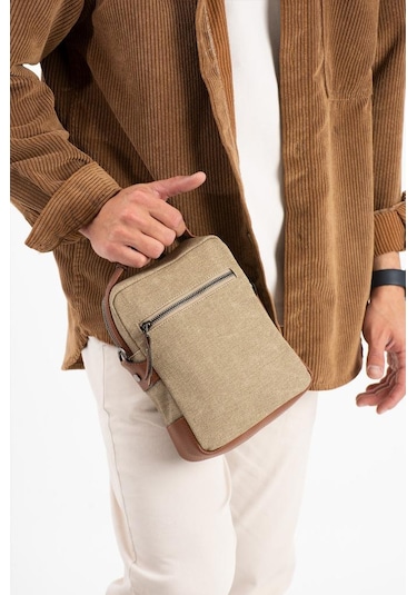 Kanvas Kumaş Erkek Postacı Çanta Omuz Çantası 20 12 Cm Çapraz Askılı Omuz Çantası Mega Çanta Bej