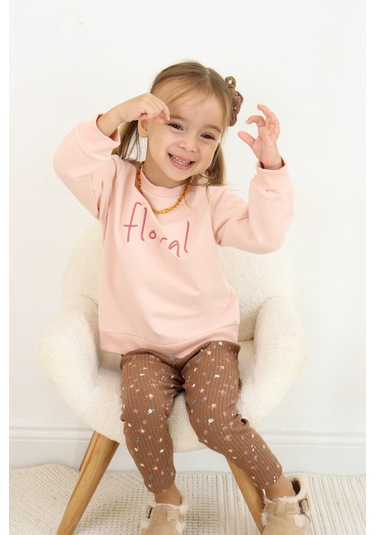 Kız Çocuk Floral Nakışlı İki İplik Kumaş Taytlı Takım Toka Dahildir. Açık Pembe